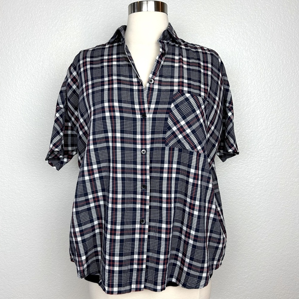 Madewell Women's Plaid Shirt Blue White Short Sleeve Button Up Boxy Top Size XXS